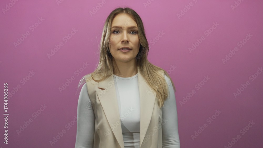 Fototapeta premium Woman gesturing on pink isolated background expressing surprise with blonde hair and beige outfit showing various emotions in a studio setting.