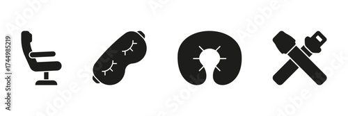 Airplane Travel Essentials Solid Icon Set. Comfort And Safety Items For Air Travel Silhouette Symbol Collection. Includes Seat, Sleep Mask, Neck Pillow, And Seatbelt. Isolated Vector Illustration