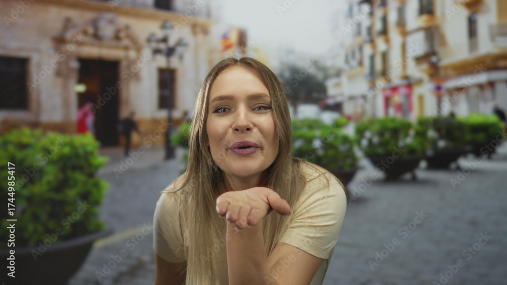 Fototapeta premium Woman smiling and blowing a kiss at the camera in a vibrant city street scene featuring classic architecture and lush greenery.