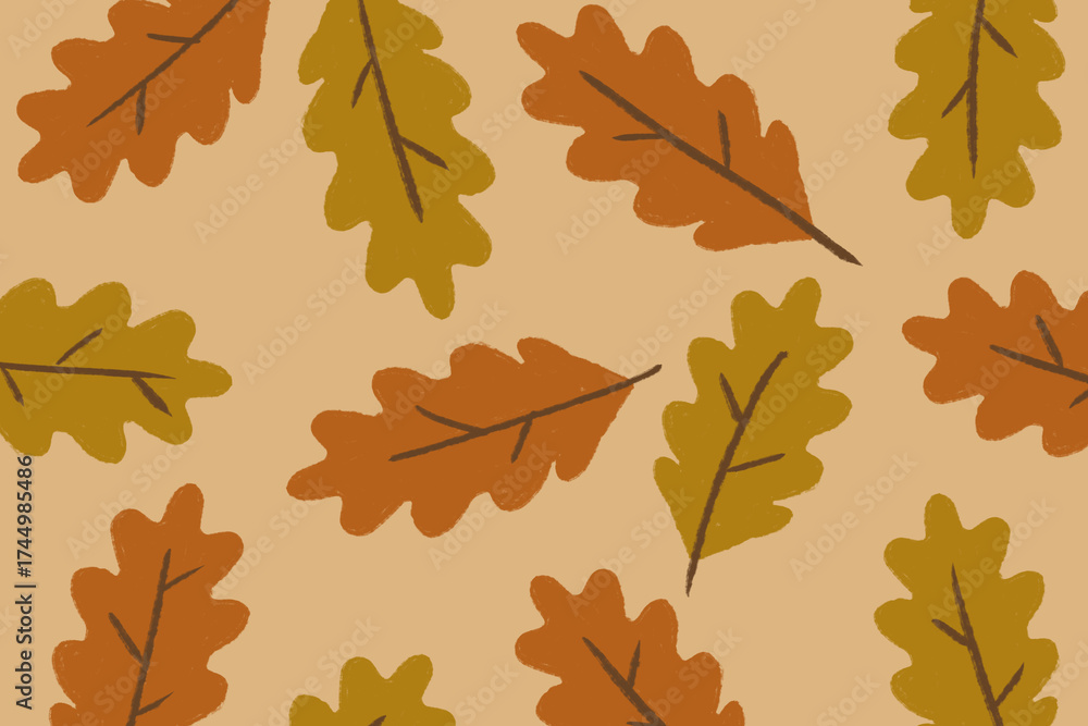 Fototapeta premium Autumn leaaves, ornage and yellow leafes on light brown background, oak leaves background design fall leaf background 