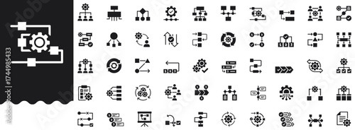 Workflow and process solid icon set features flowchart, strategy, structure, process, flowchart, timeline, efficiency, steps automation and management symbols. Professional, minimal vector collection.
