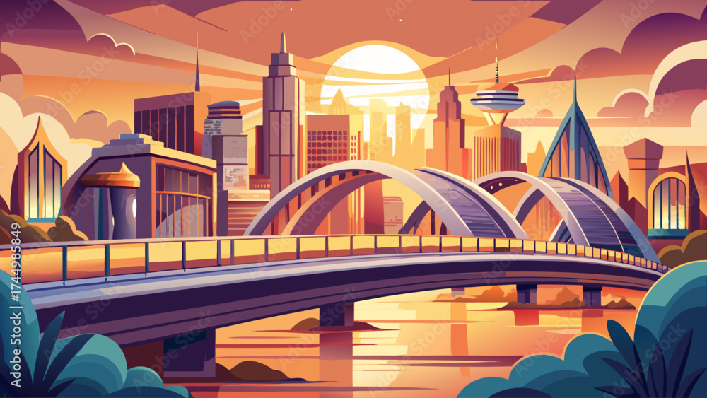 Obraz premium Very beautiful Architectural marvel A modern bridge bathed in the golden light of sunrisesunset evokes progress, connectivity and urban development. Ideal for business, travel 