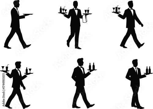 Waiter silhouettes serving, tray carrying, formal attire, hospitality staff, restaurant service, drink delivery, bow tie, professional gesture, dining, catering