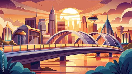 Very beautiful Architectural marvel A modern bridge bathed in the golden light of sunrisesunset evokes progress, connectivity and urban development. Ideal for business, travel 
