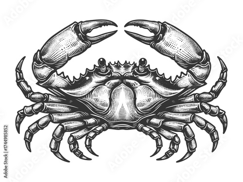 crab with sharp claws and legs, seafood, marine biology, and ocean wildlife sketch engraving generative ai vector illustration. Scratch board imitation. Black and white image.