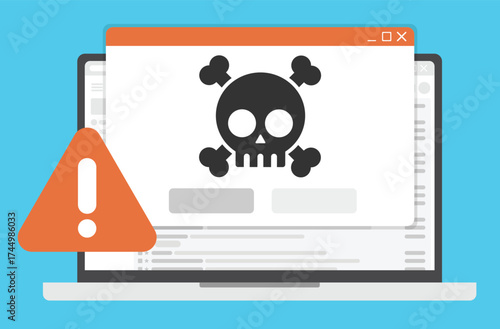 Laptop screen displays a black skull warning pop-up window.