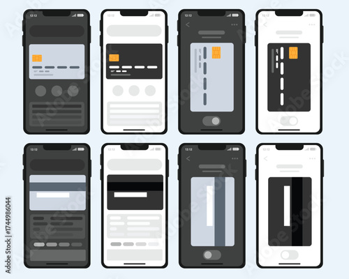 Smartphone screen UI set display a digital card inside, Wallet online payment app for bank cards.