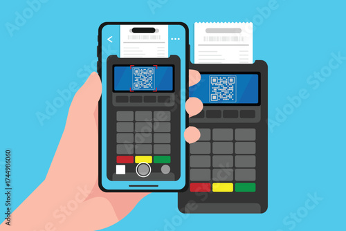Contactless mobile payment by scanning QR code from POS device, Receipt print out by payment approval on the POS terminal.