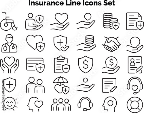 : Outline icons showing fintech, startup, cyber, and digital insurance services