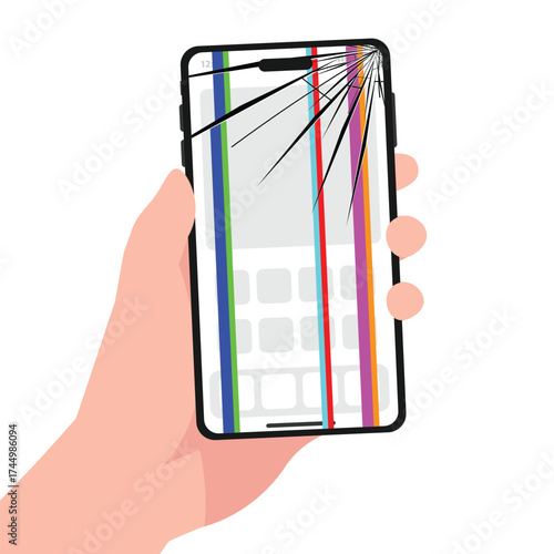 Hand holding a smartphone with a cracked screen showing glitch effects.