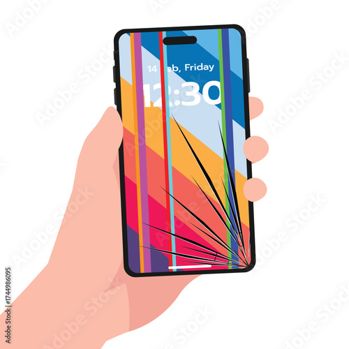 Hand holding a phone with lock screen wallpaper on a broken display showing rainbow lines.