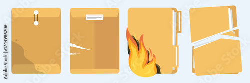 Set of damaged document folders with wet, burn, torn, and shattered papers.