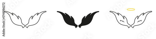 Angel Wings With Halo Line And Solid Icon Set. Spirituality, Protection, And Guardian Symbol Outline And Silhouette Symbol Collection. Celestial And Divine Concept. Isolated Vector Illustration