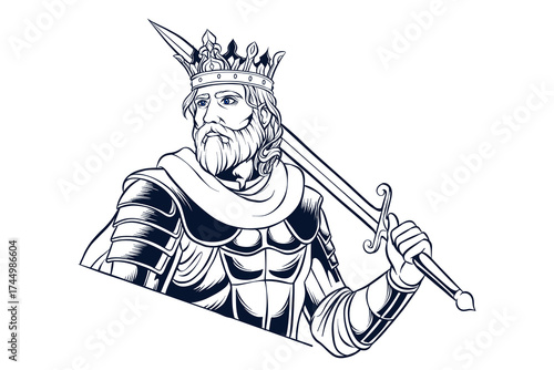 lineart illustration of a dignified king carrying a sword