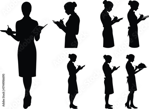 Waitress silhouettes serving, tray carrying, order writing, apron attire, hospitality staff, restaurant service, female gesture, dining interaction, uniform, catering