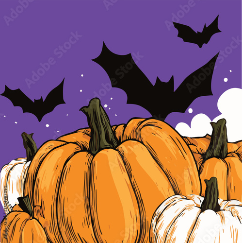 Vector illustration of pumpkin and bats for Halloween wall poster, card or background