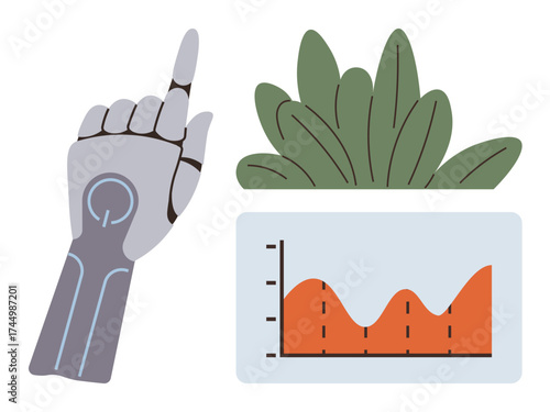 Robotic hand pointing upward, orange chart with statistical data, green plants. Ideal for innovation, sustainability, future tech, AI, progress eco-tech growth. Simple flat metaphor