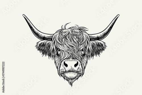 lineart illustration of a highland cow's head in an engraved style