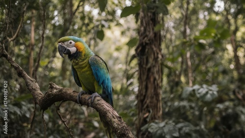 Wallpaper Mural A colorful macaw perched on a branch in a lush, green forest, observing surroundings intently Torontodigital.ca