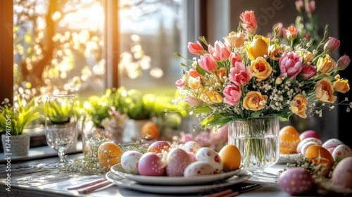 Springtime Easter Table Setting with Flowers