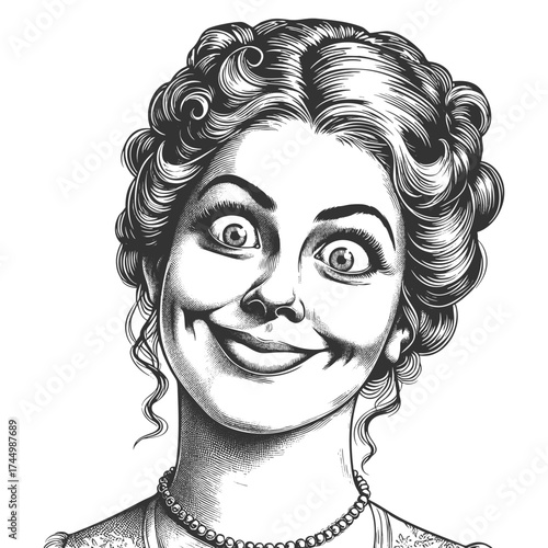 woman with wide eyes and a big smile, expressing excitement, surprise, in a vintage style sketch engraving generative ai fictional character vector illustration. Scratch board. Black and white.