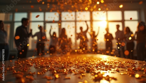 Fototapeta Naklejka Na Ścianę i Meble -  Golden confetti falls on table as silhouettes of people celebrate indoors near window with sunlight. Colleagues rejoice during office party or corporate event, happy mood.