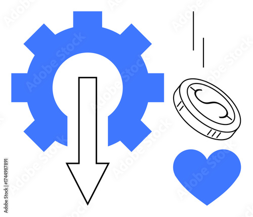 Gear with downward arrow representing efficiency, coin symbolizing monetary aspects, and heart for emotional values. Ideal for optimization, productivity, business, economics, love, sustainability