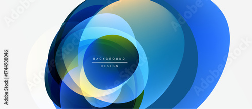 Abstract design features overlapping translucent circles. Blue, green, yellow hues create dynamic visual effect. Minimalist style, modern aesthetic.