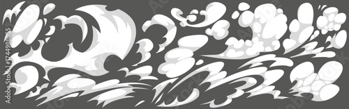 White smoke puffs with cloud and comic effects for cartoon action scenes. Dynamic steam bursts, explosion puffs and motion trails for manga panels. Stylized vapor shapes for graphic backgrounds.