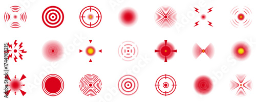 Red Pain Circles and Radar Icons Set. Pain Localization Signs and Body Injury Markers. Headache and Muscle Joint Ache Symbols. Isolated Vector Illustration