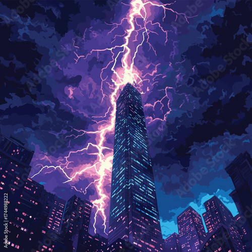 A colossal skyscraper is violently struck by a searing bolt of lightning during a furious, dark, and dramatic thunderstorm. , vector style simple color