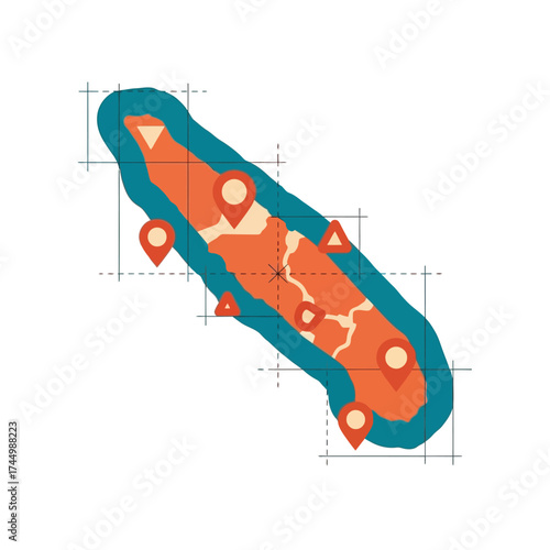 Map of a stylized island with location markers and grid overlay, representing travel and exploration