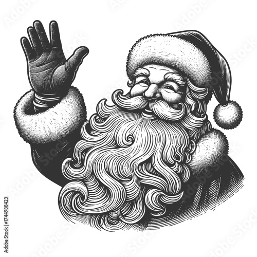 Santa Claus with a long beard and sack, waving cheerfully, Christmas joy and holiday tradition sketch engraving generative ai fictional character vector illustration. Scratch board. Black and white.