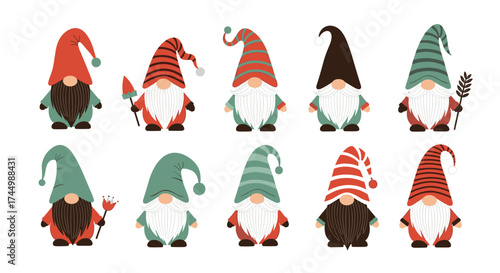 A collection of ten cute gnomes dressed in festive hats and holding small trinkets.