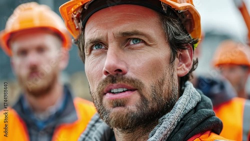 Job Safety, construction employee demonstrating correct protective equipment to group of new workers, training session atmospher.