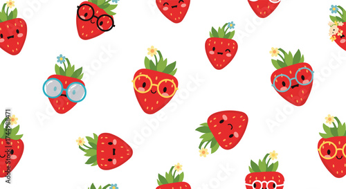 Cute smiling strawberries wearing eyeglasses and flowers in a repeating pattern.