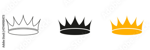 Crown Icon Line And Solid Black And Color Icon Set. Royalty, Leadership, And Authority Symbol Outline And Silhouette Symbol Collection. Regal And Noble Representation. Isolated Vector Illustration