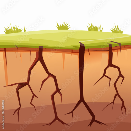 Ground cracks, vertical breaks on land surface isolated on white background. Vector illustration