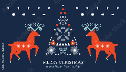 Christmas banner with Christmas Deer and Christmas Tree  in geometric decorative scandinavian style on dark blue background	