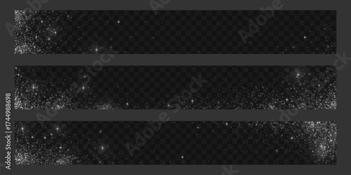 Silver glitter shimmer background with sparkling particles and starlight effects for elegant designs. Horizontal banners with scattered luminous dust and twinkling elements. Luxury decoration overlays
