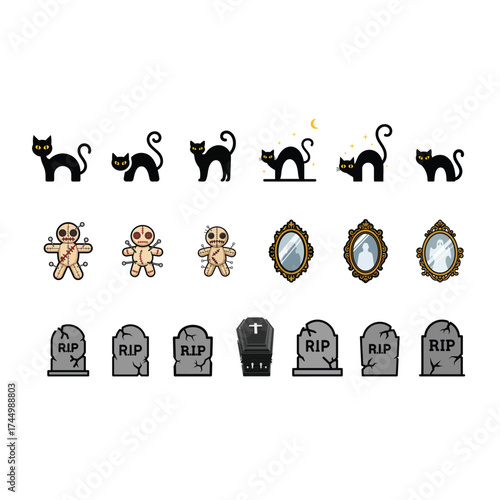 A collection of spooky Halloween icons including black cats, voodoo dolls, antique mirrors, and gravestones arranged in rows.