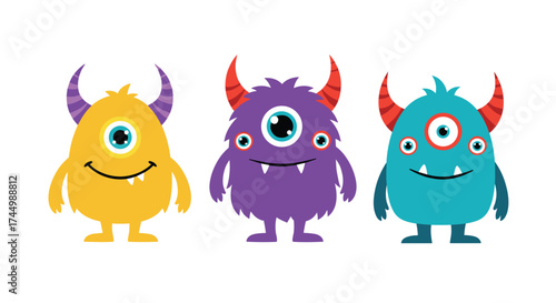 Three colorful cartoon monsters with one eye and horns standing together.