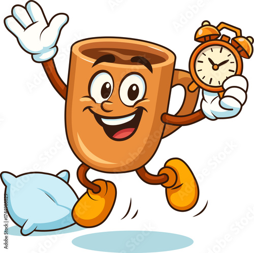 Vector illustration of a smiling coffee cup character holding an alarm clock and jumping from a pillow. Symbol of morning energy, wake up time, and cheerful start of the day.