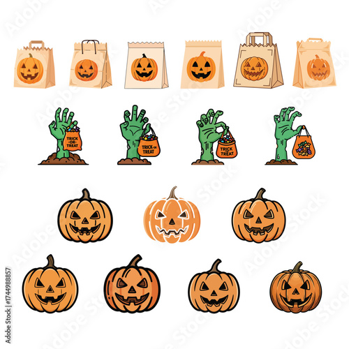A collection of Halloween vector illustrations featuring jack-o'-lanterns, zombie hands, and trick-or-treat bags on a white background.