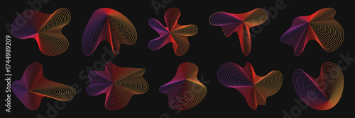 Amorphous ripple shape set with flowing gradient lines and organic wave patterns for abstract design. Colorful fluid forms with purple, red and yellow hues. Dynamic modern decorative elements