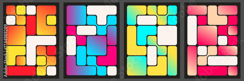 Colorful bento grid layouts with vibrant gradient blocks and rounded corners for UI design or creative projects. Rainbow arrangements with modular templates for apps, websites or visual presentation.