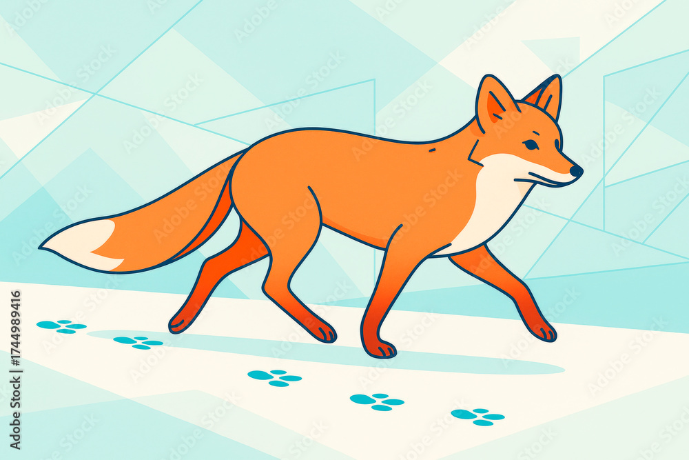 Fototapeta premium Stylized illustration of a red fox walking across snowy ground with light blue geometric background and visible paw prints behind it. Ai generative
