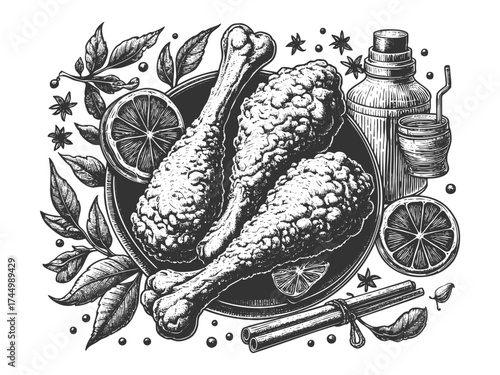 crispy fried chicken drumsticks, symbolizing fast food, comfort meals, and traditional fried cuisine sketch engraving generative ai vector illustration. Scratch board imitation. Black and white image.