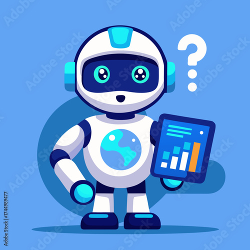 Charming cartoon robot holding tablet with data and question mark vector illustration vector, illustration, scalable, eps, icon, robot, android, ai, artificial, intelligence, automation