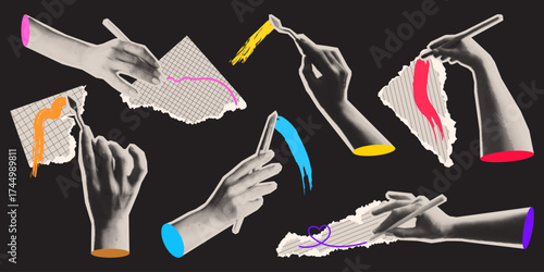 Artistic y2k halftone hand gestures with colorful paint strokes and grid papers for retro digital art or collage designs. Monochrome arms with pen and pencil, artistic brushes for contemporary poster